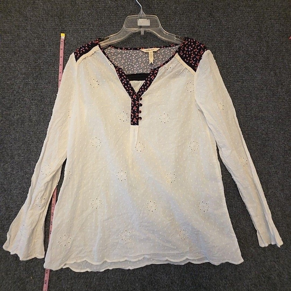 Matilda Jane Blouse Womens S White Eyelet Embroidered Henley Tunic Top Boho